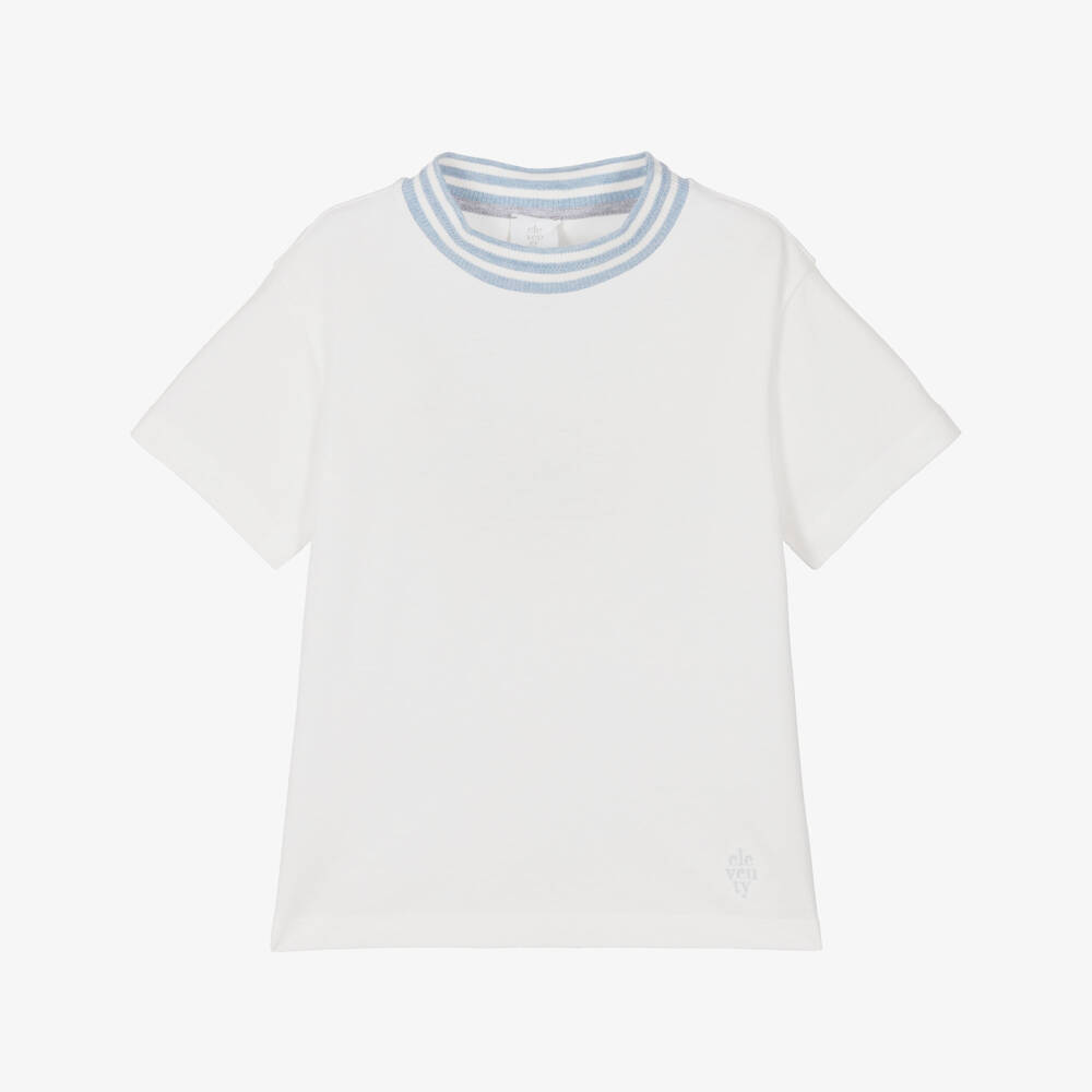 Eleventy-Boys Ivory Piqué T-Shirt with Blue Trim | Childrensalon