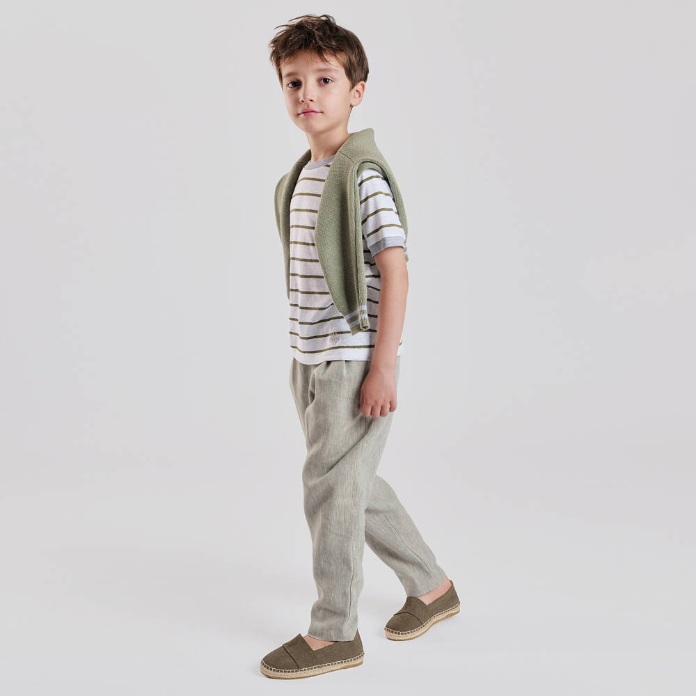 Eleventy-Boys White & Green Striped T-Shirt with Embroidered Logo | Childrensalon