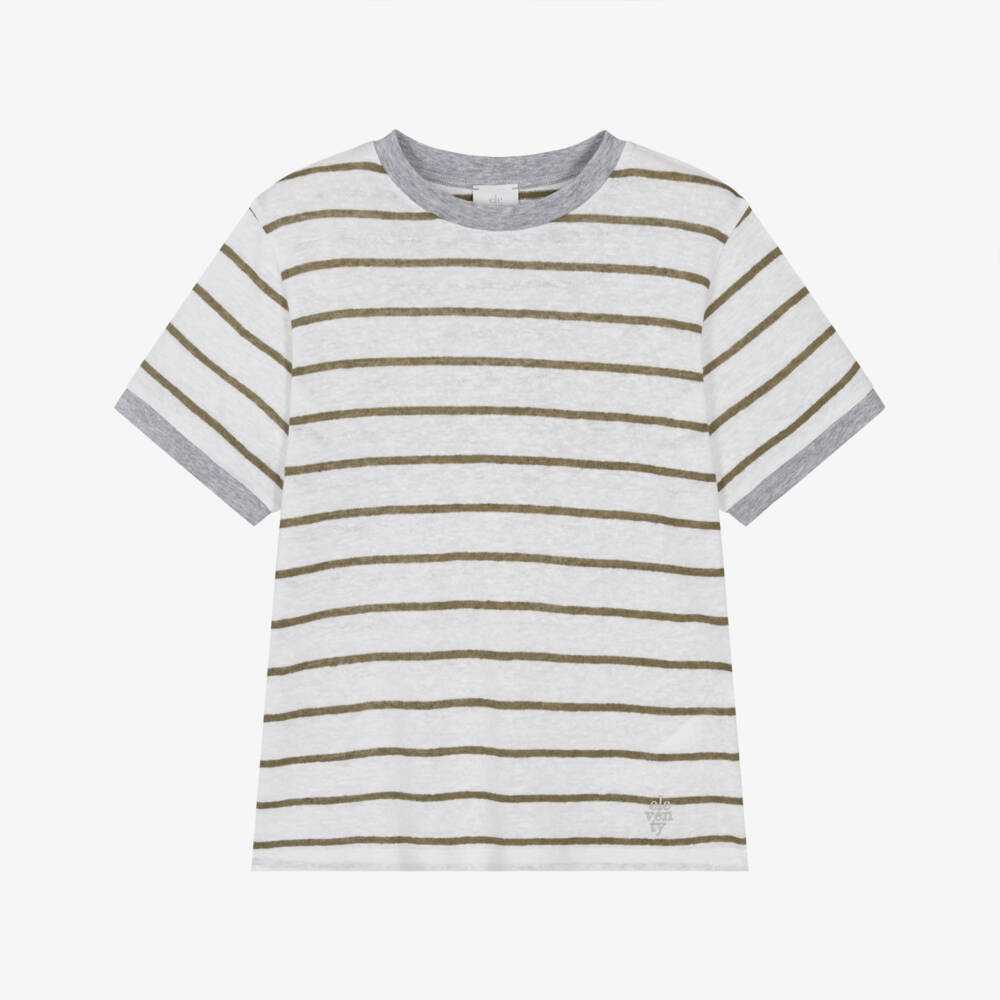 Eleventy-Boys White & Green Striped T-Shirt with Embroidered Logo | Childrensalon