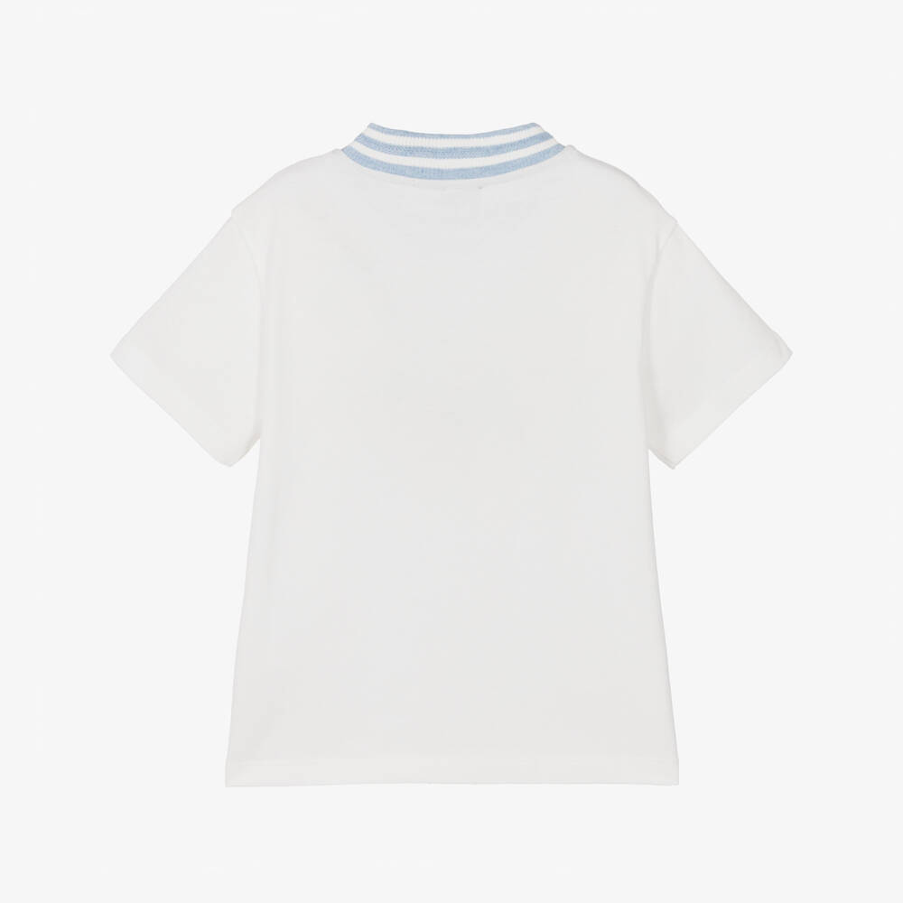 Eleventy-Ivory & Blue Detailed Pique Ss T-shirt | Childrensalon