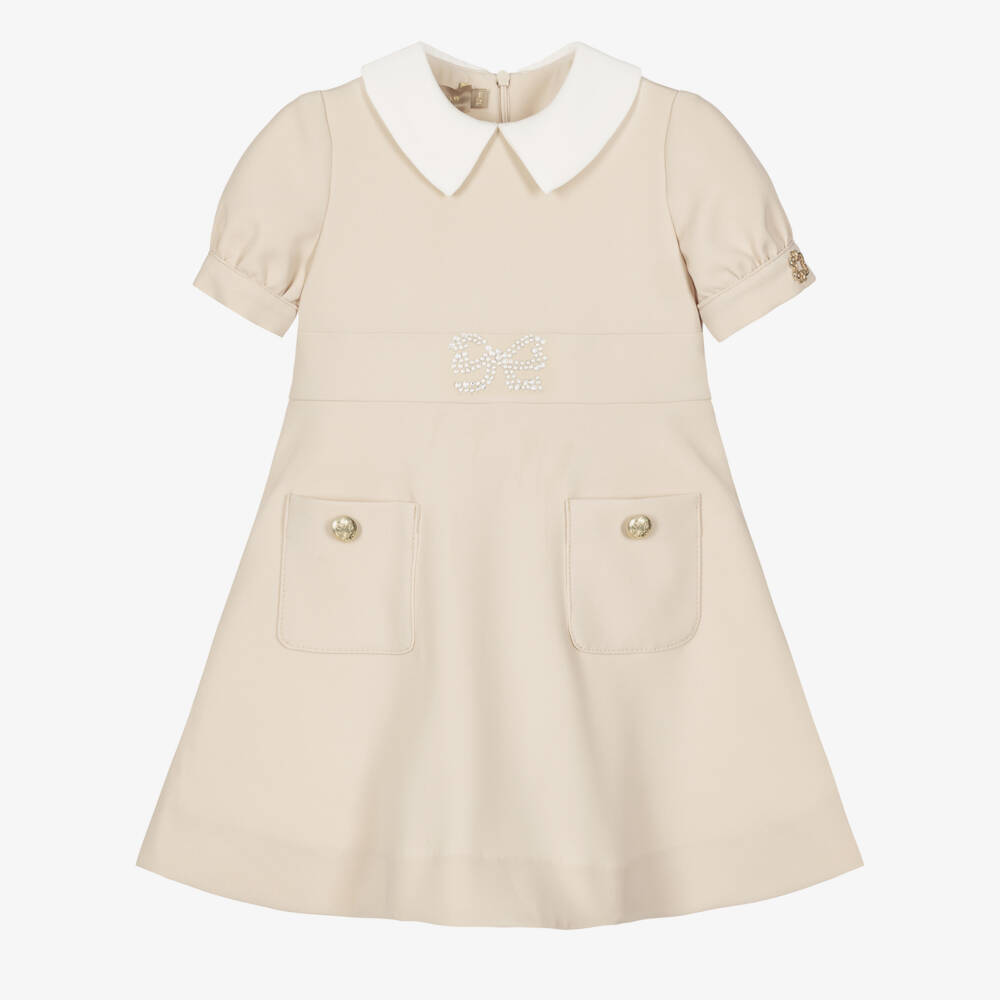 Elie Saab-Baby Girls Beige Collared Crêpe Dress with Sparkly Bow | Childrensalon