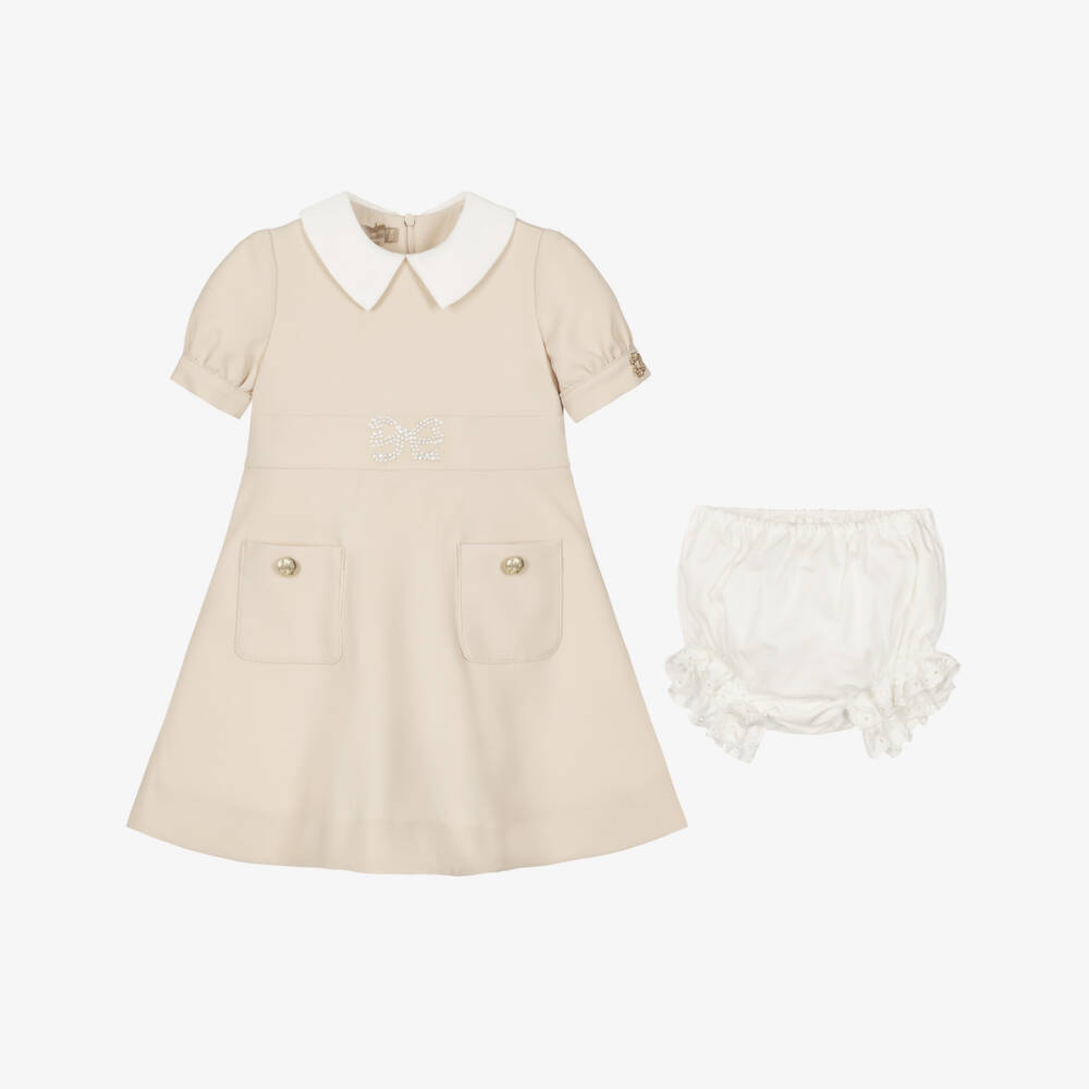 Elie Saab-Baby Girls Beige Collared Crêpe Dress with Sparkly Bow | Childrensalon