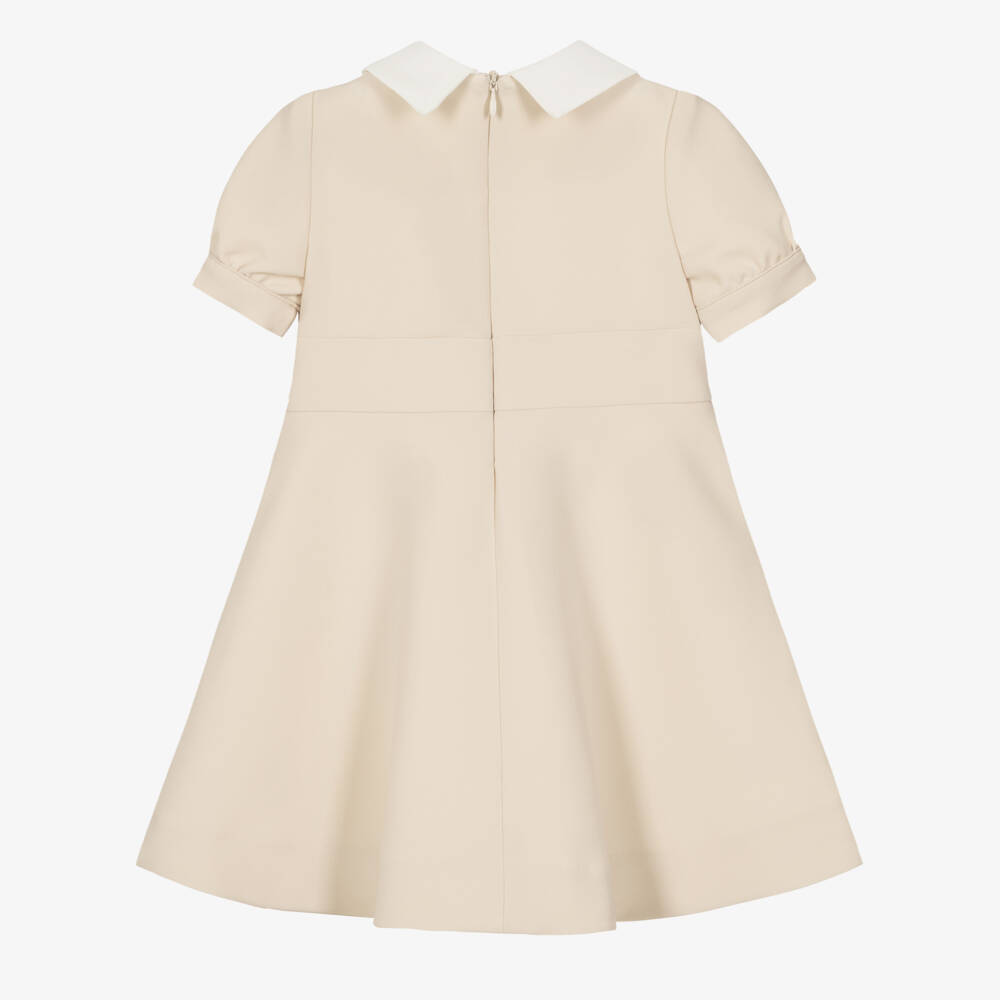 Elie Saab-Baby Girls Beige Collared Crêpe Dress with Sparkly Bow | Childrensalon