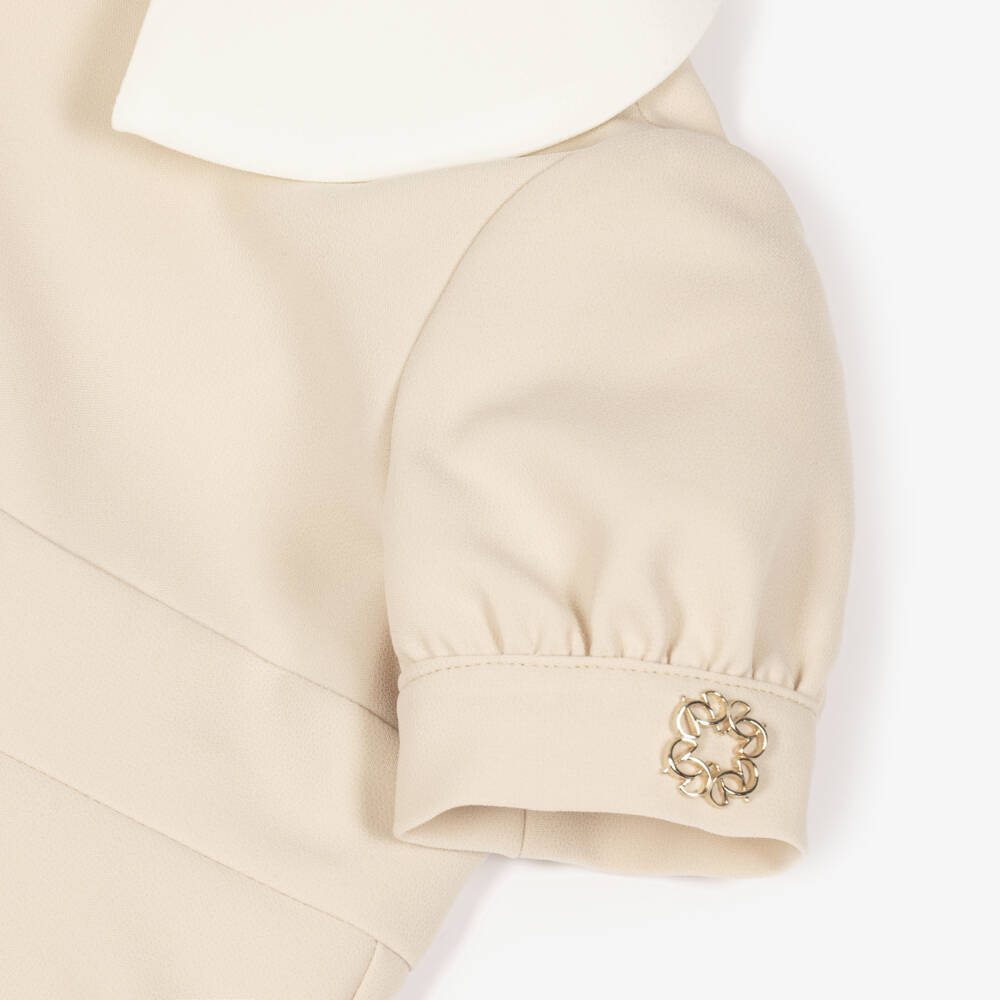 Elie Saab-Baby Girls Beige Collared Crêpe Dress with Sparkly Bow | Childrensalon