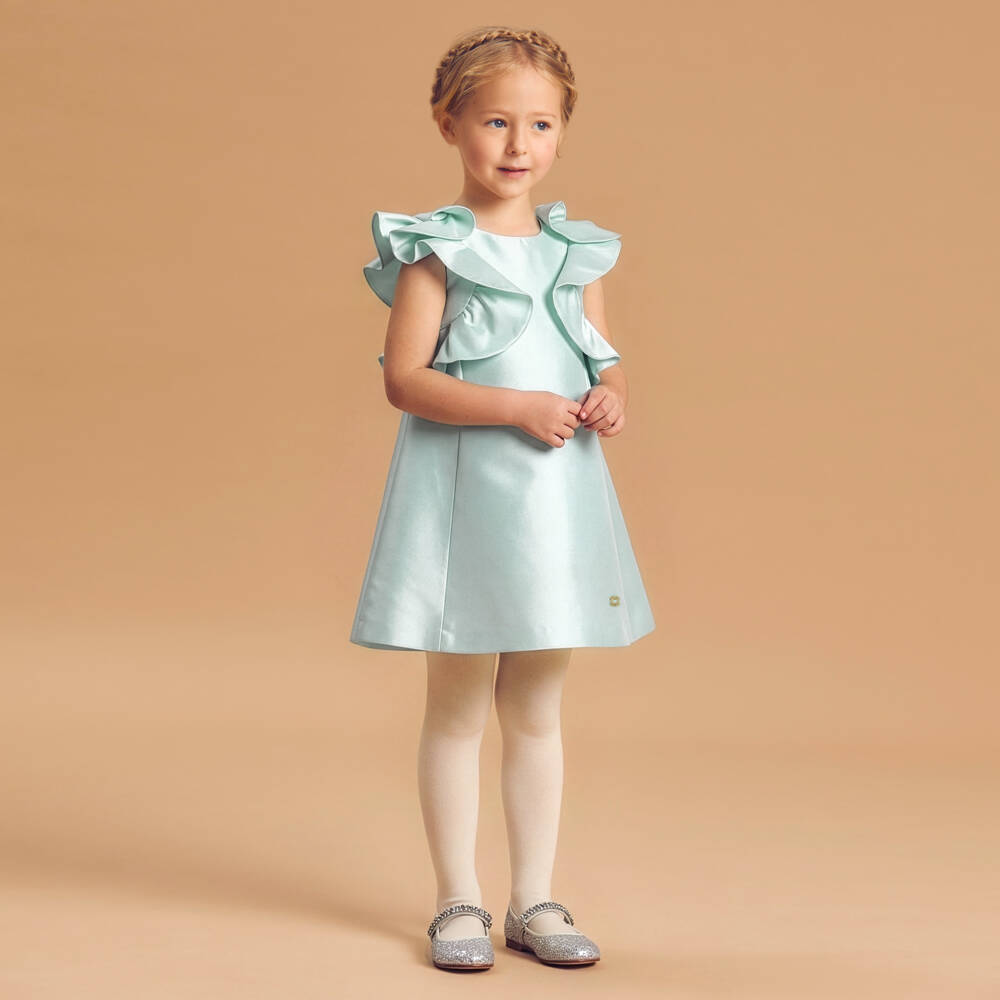 Elie Saab-Girls Aqua Blue Satin Ruffle Dress | Childrensalon