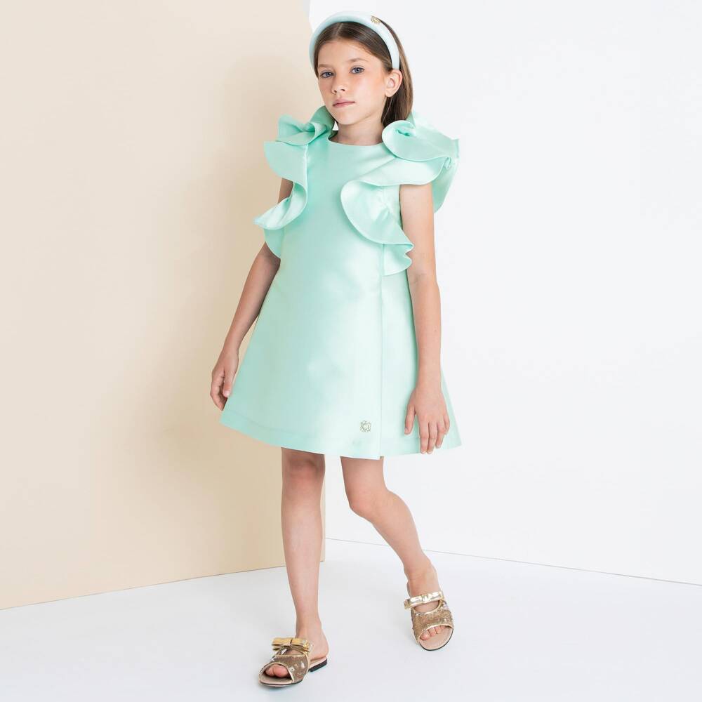 Elie Saab-Girls Aqua Blue Satin Ruffle Dress | Childrensalon