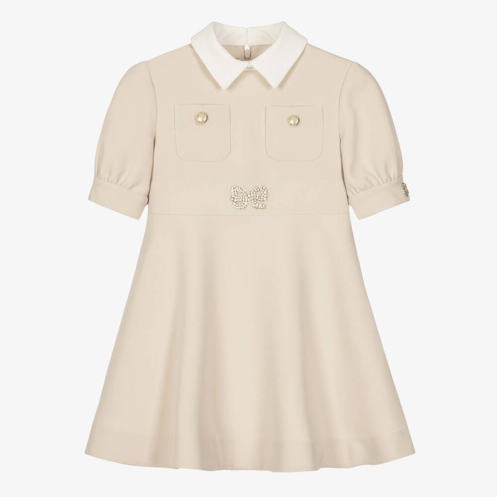 Elie Saab-Girls Beige Collared Crêpe Dress with Sparkly Bow | Childrensalon