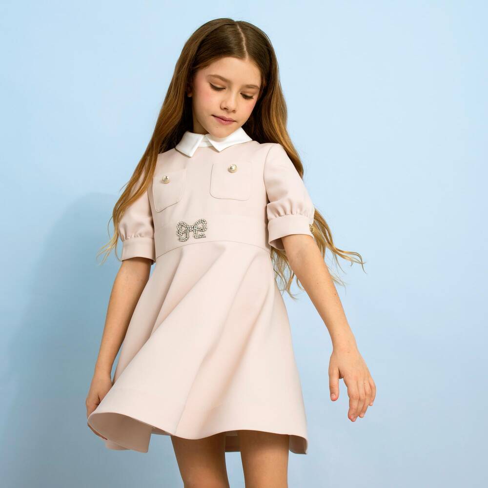 Elie Saab-فستان كريب بياقة مزين بفيونكة لامعة لون بيج | Childrensalon