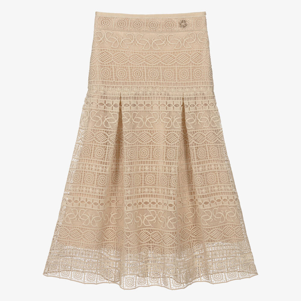 Elie Saab-Girls Beige Cotton Guipure Lace Skirt | Childrensalon