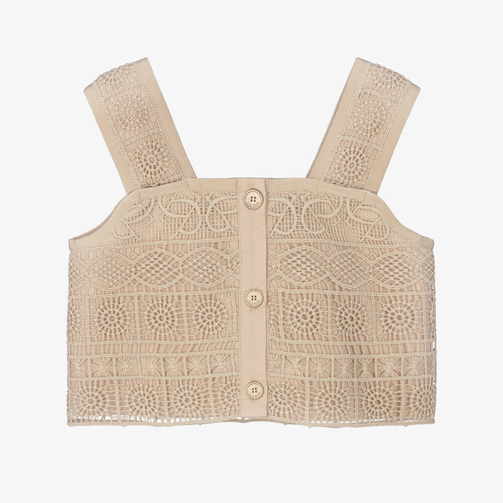 Elie Saab-Girls Beige Cotton Guipure Lace Top | Childrensalon