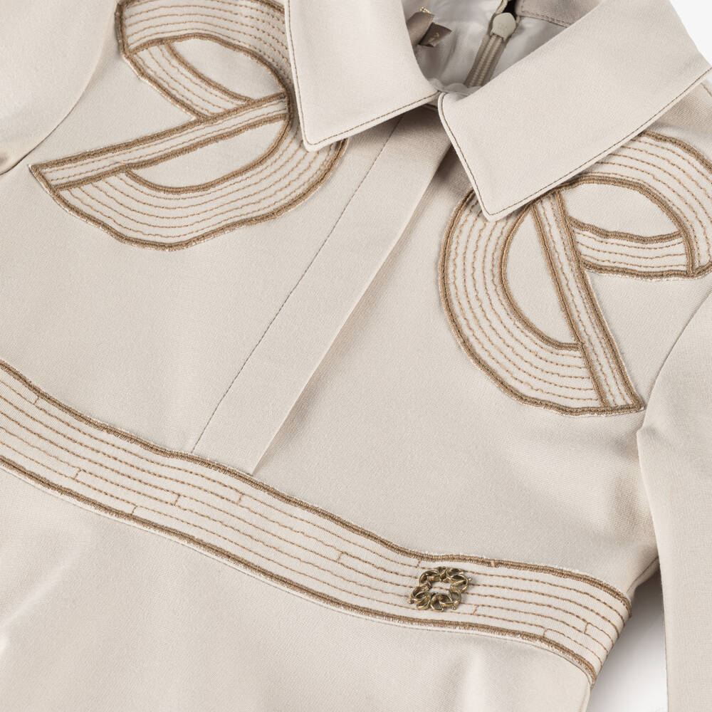 Elie Saab-فستان قميص جيرسي بشعار مطرز لون بيج للبنات  | Childrensalon