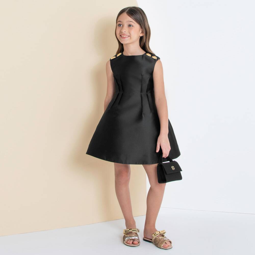 Elie Saab-Платье черное атласное с объемной юбкой и логотипом для девочек | Childrensalon