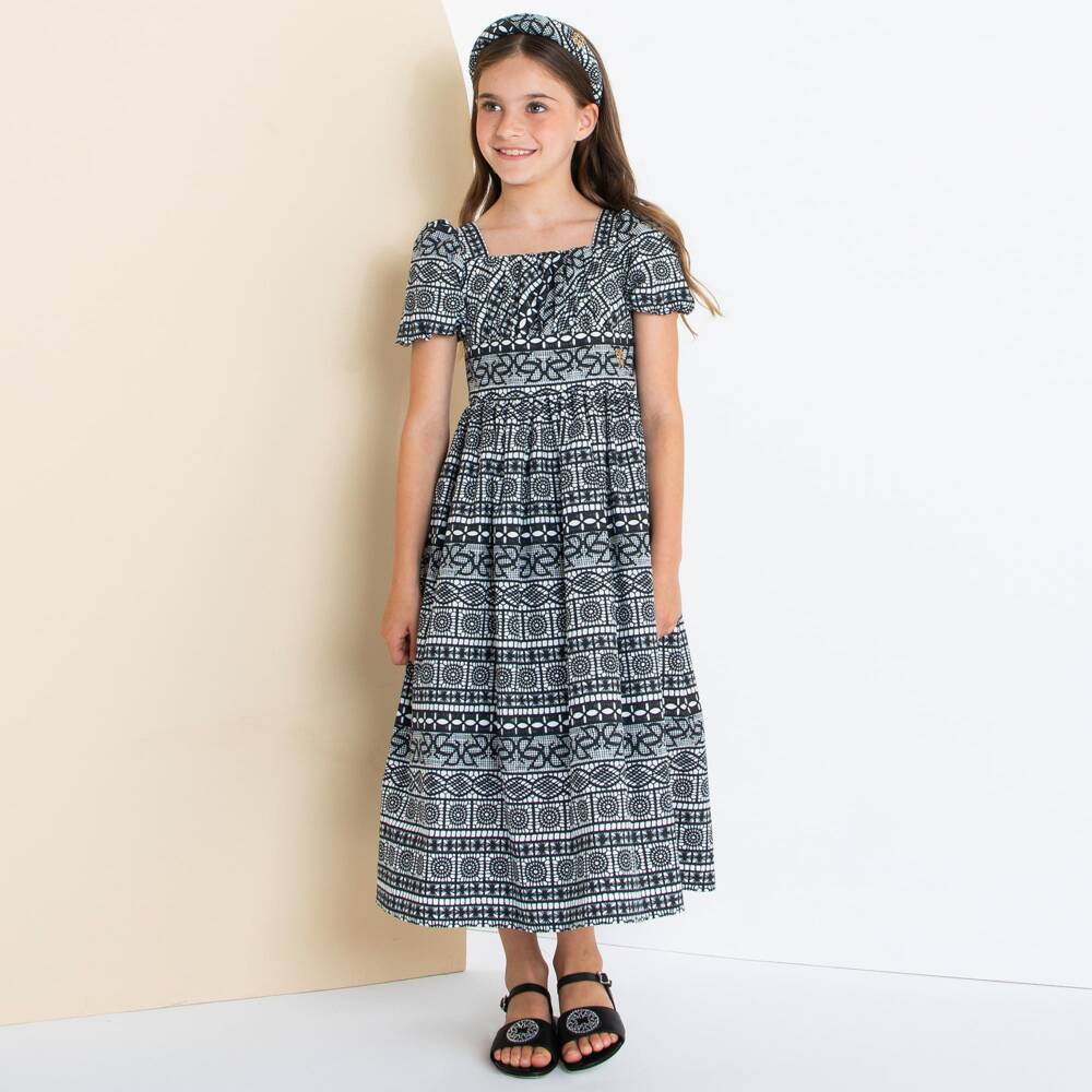 Elie Saab-فستان قطن بطبعة لون أبيض وأسود للبنات | Childrensalon