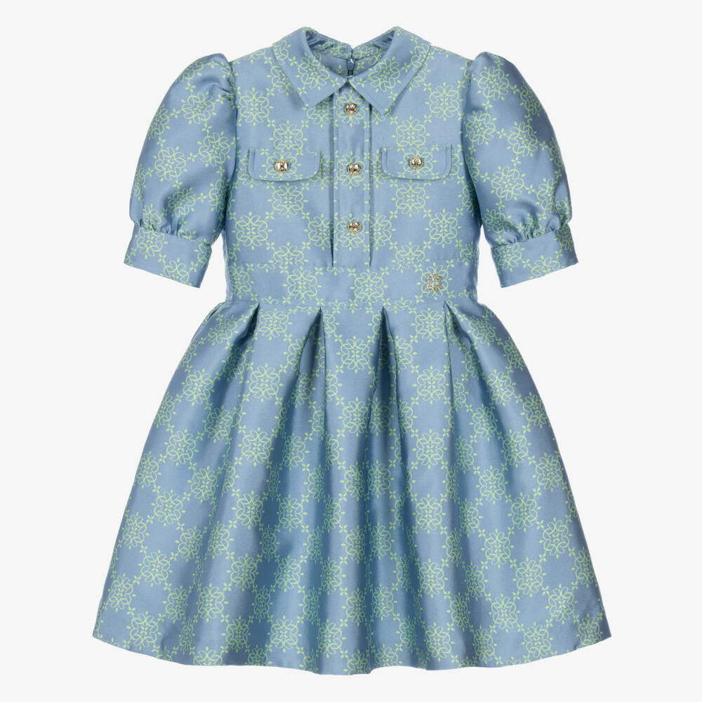 Elie Saab-Girls Blue & Green Satin Jacquard Logo Dress | Childrensalon