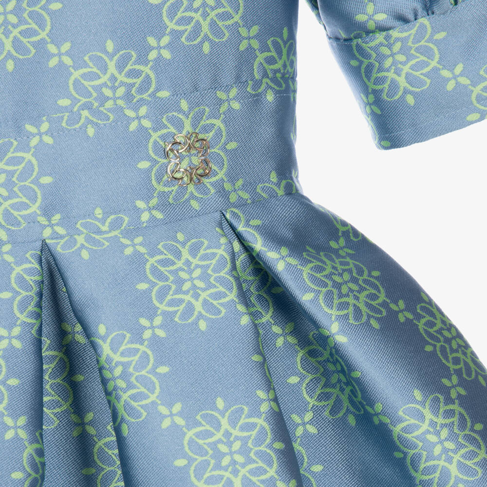 Elie Saab-Girls Blue & Green Satin Jacquard Logo Dress | Childrensalon