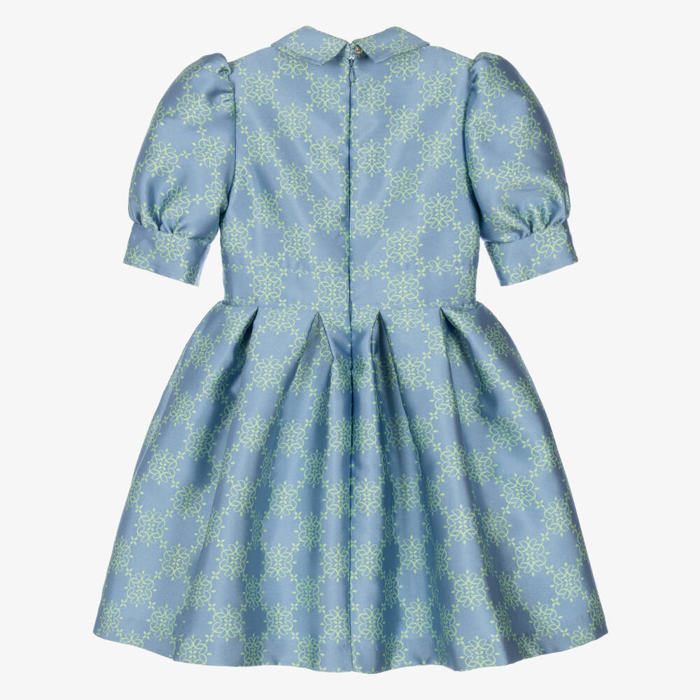 Elie Saab-Girls Blue & Green Satin Jacquard Logo Dress | Childrensalon