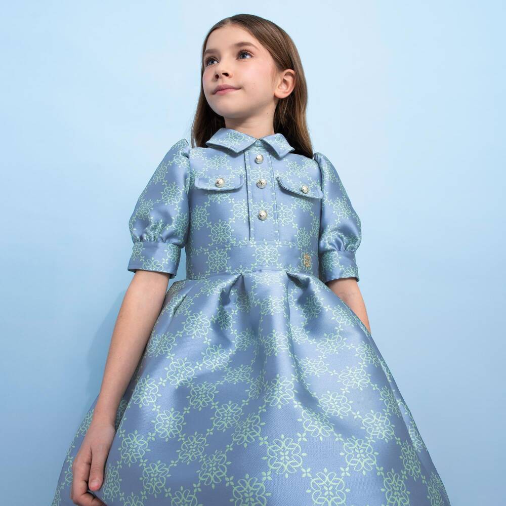 Elie Saab-Girls Blue & Green Satin Jacquard Logo Dress | Childrensalon
