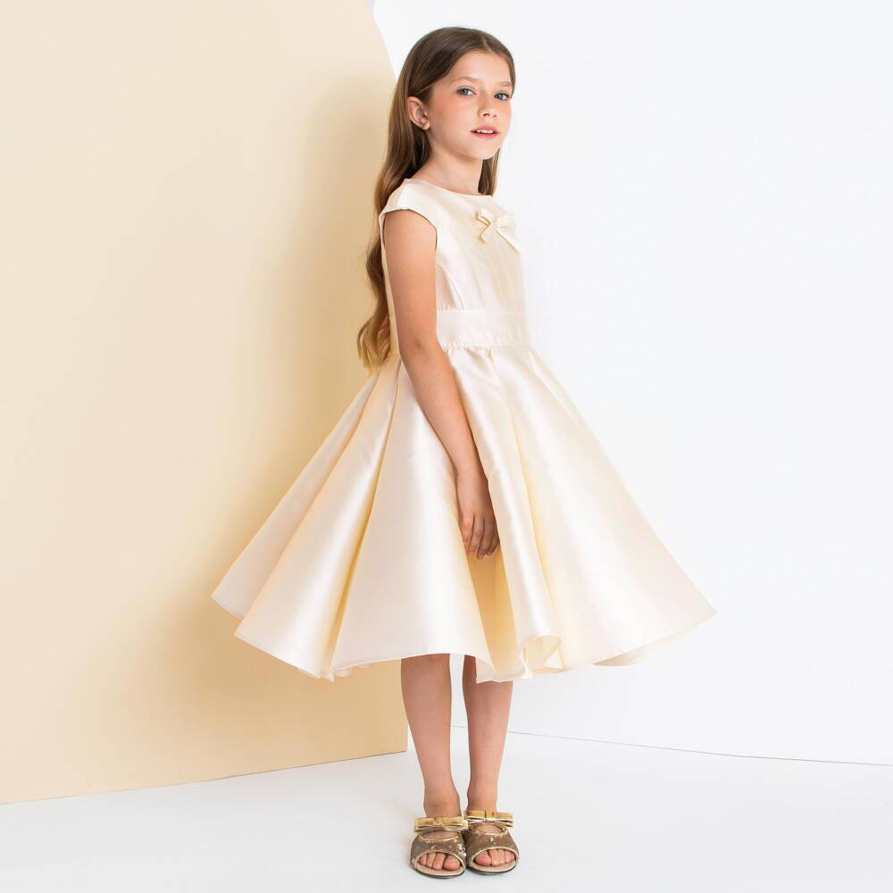 Elie Saab-Платье из атласа цвета шампанского с короткими рукавами для девочек | Childrensalon