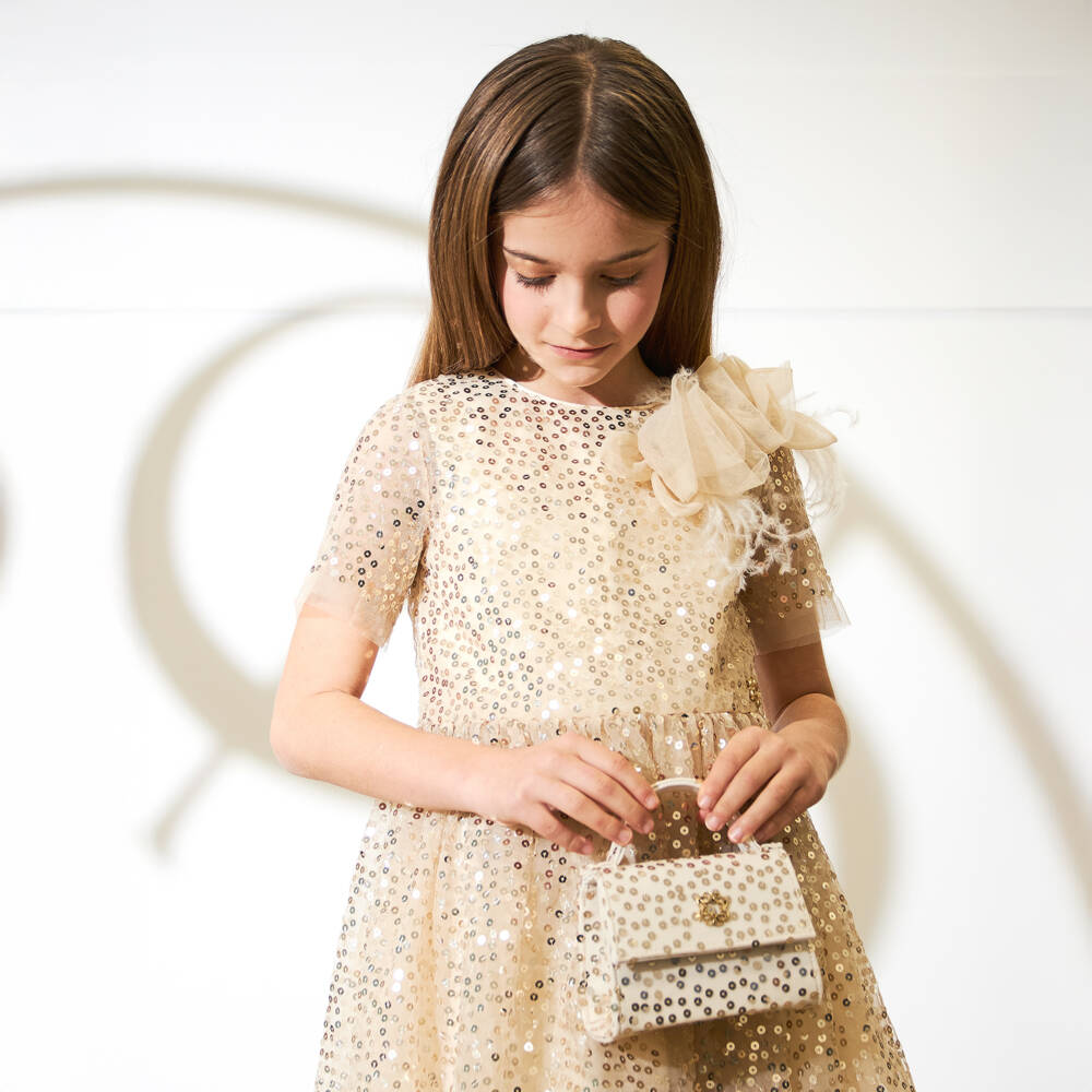 Elie Saab-حقيبة يد مزينة بالترتر لون ذهبي للبنات (14 سم) | Childrensalon