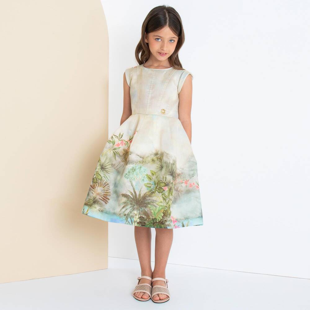 Elie Saab-فستان بطبعة ورود أورغانزا لون أخضر للبنات | Childrensalon