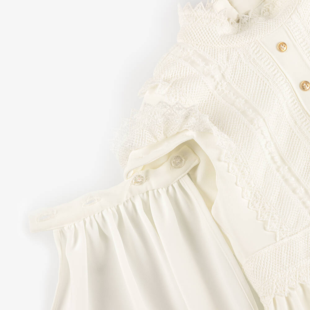Elie Saab-Girls Ivory Lace Trimmed Crêpe Dress with Cape Sleeves | Childrensalon