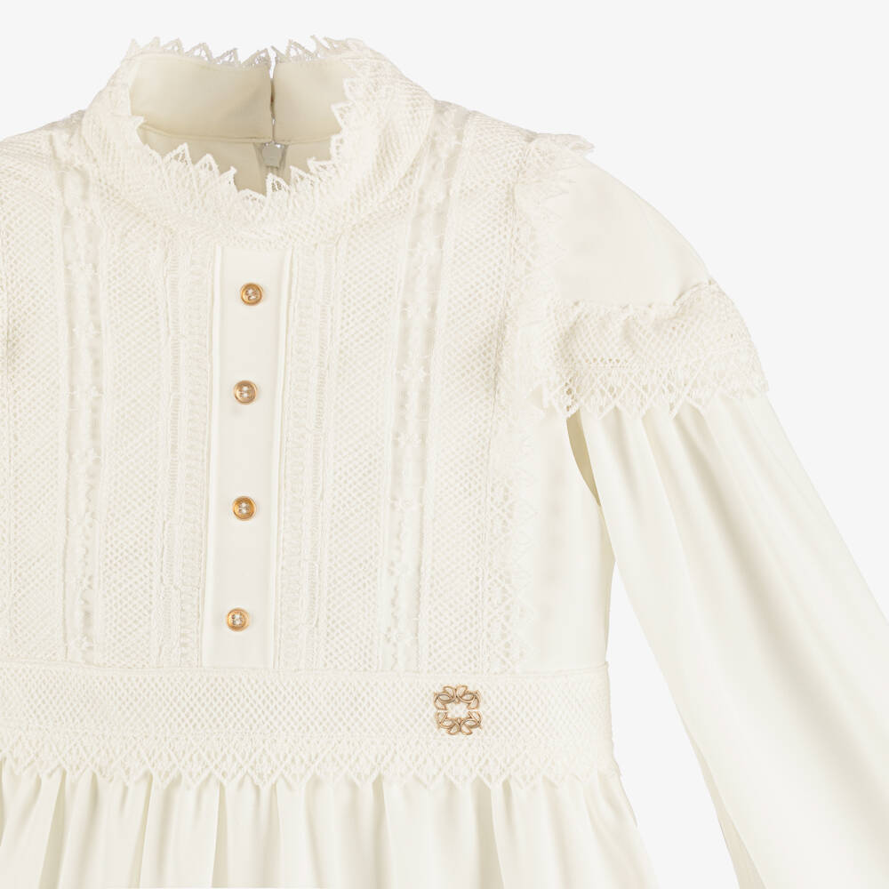Elie Saab-Girls Ivory Lace Trimmed Crêpe Dress with Cape Sleeves | Childrensalon