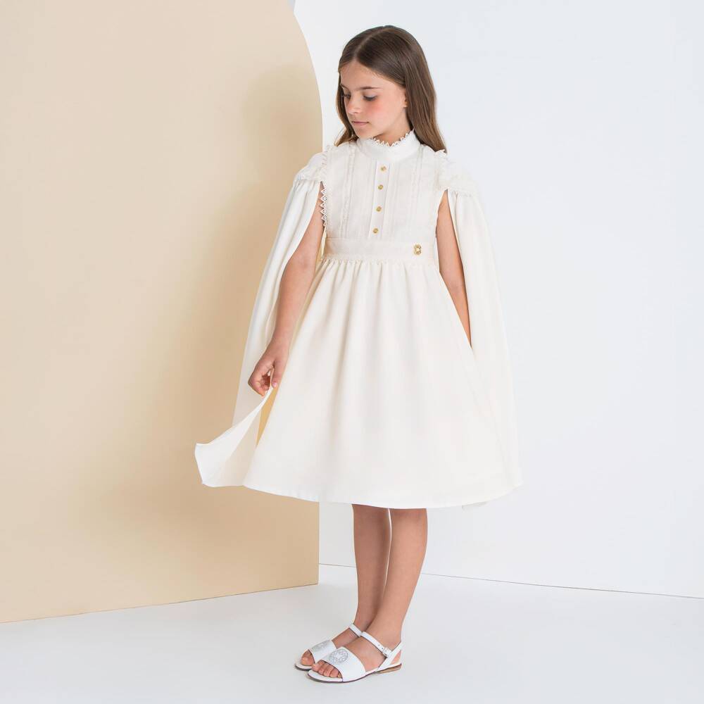 Elie Saab-Girls Ivory Lace Trimmed Crêpe Dress with Cape Sleeves | Childrensalon