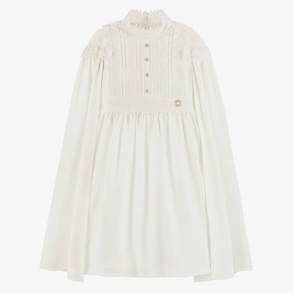 Elie Saab-Girls Ivory Lace Trimmed Crêpe Dress with Cape Sleeves | Childrensalon