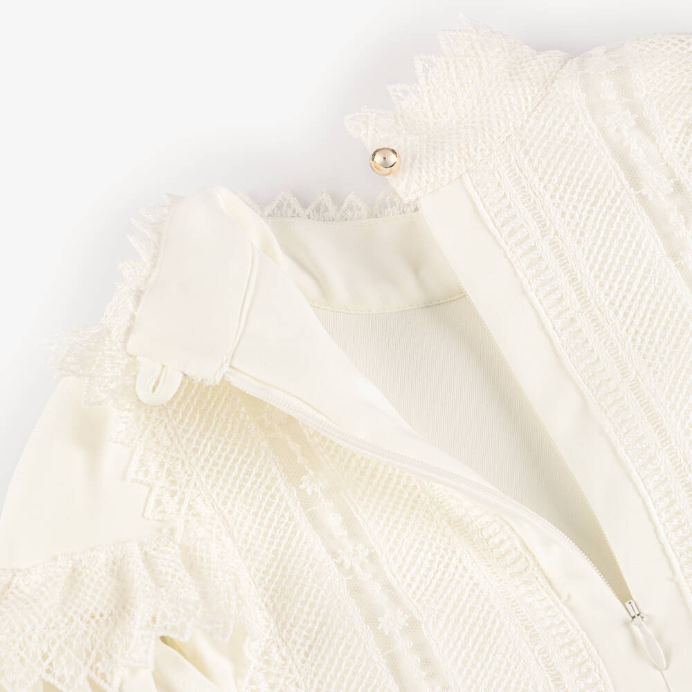 Elie Saab-Girls Ivory Lace Trimmed Crêpe Dress with Cape Sleeves | Childrensalon