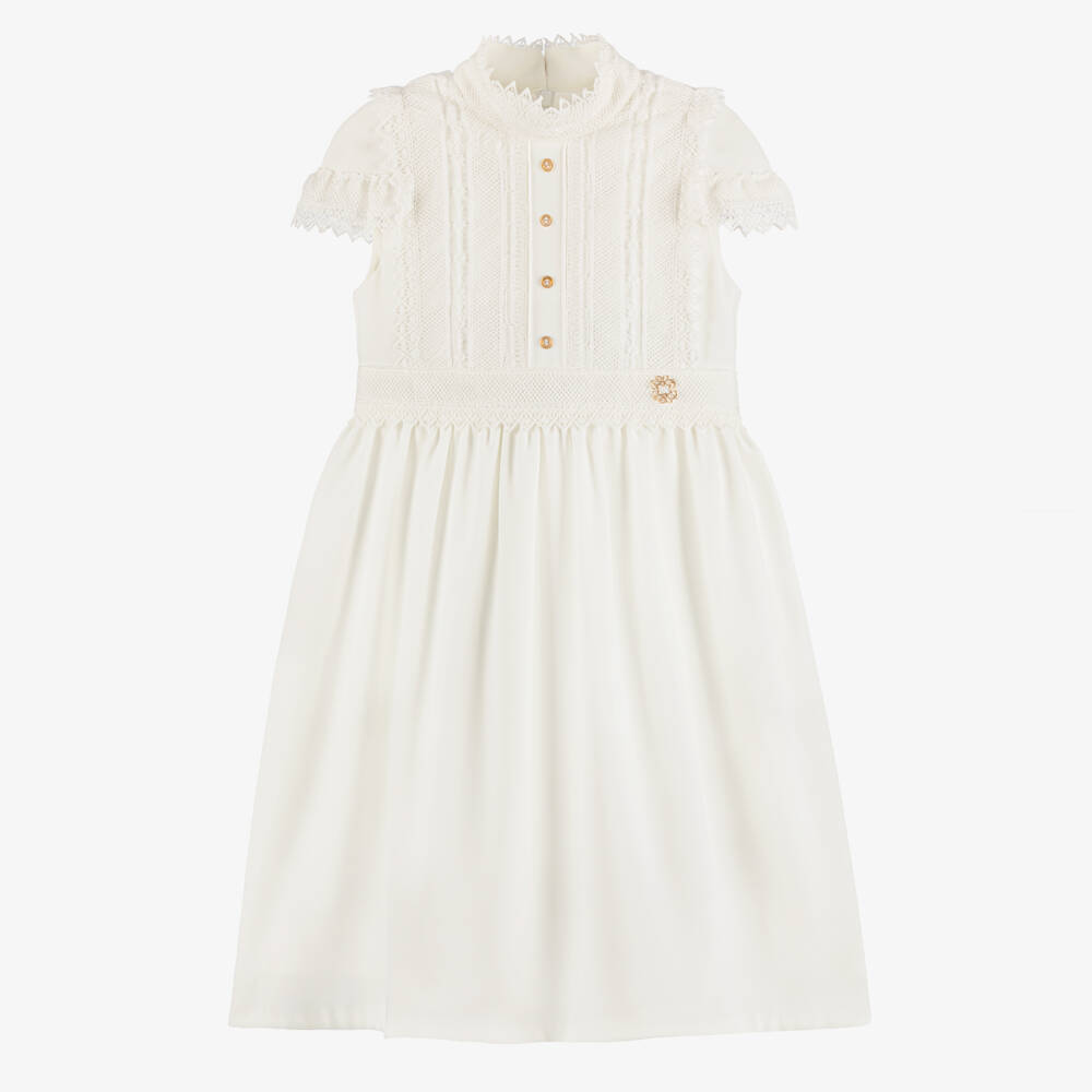 Elie Saab-Girls Ivory Lace Trimmed Crêpe Dress with Cape Sleeves | Childrensalon