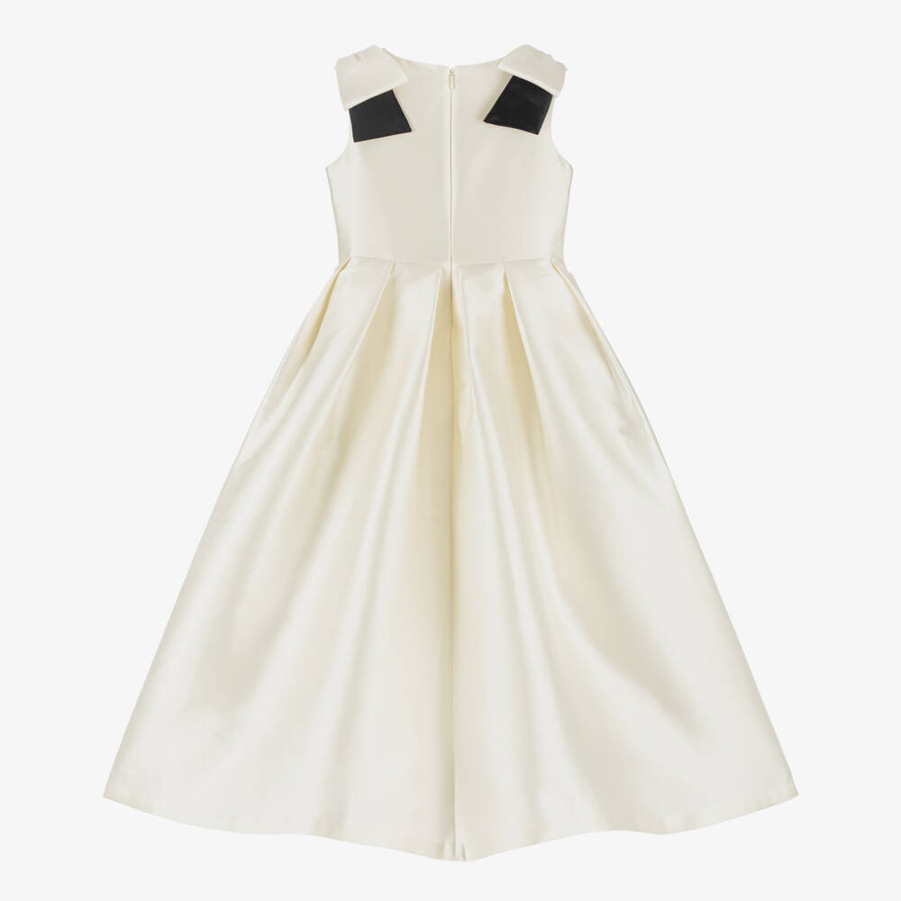 Elie Saab-Girls Long Ivory Silk Satin Dress with Black Bows | Childrensalon