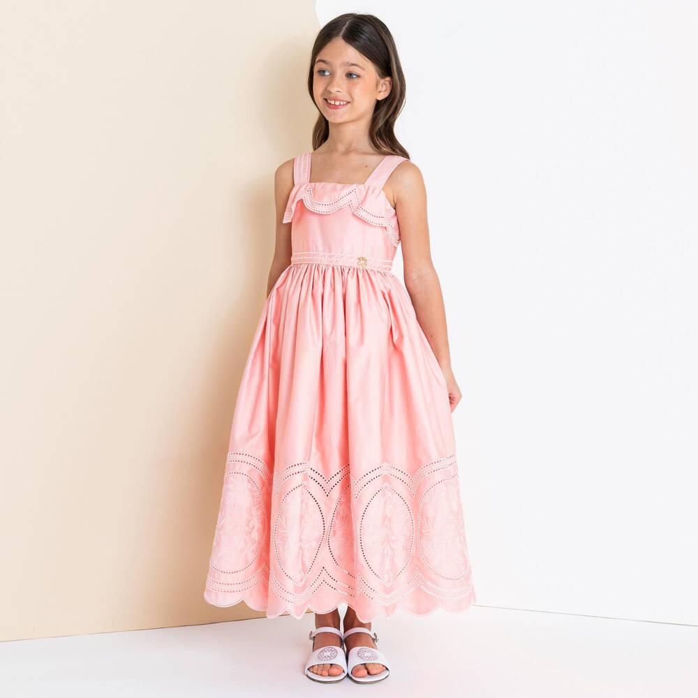 Elie Saab-Girls Pink Cotton Embroidered Maxi Dress | Childrensalon