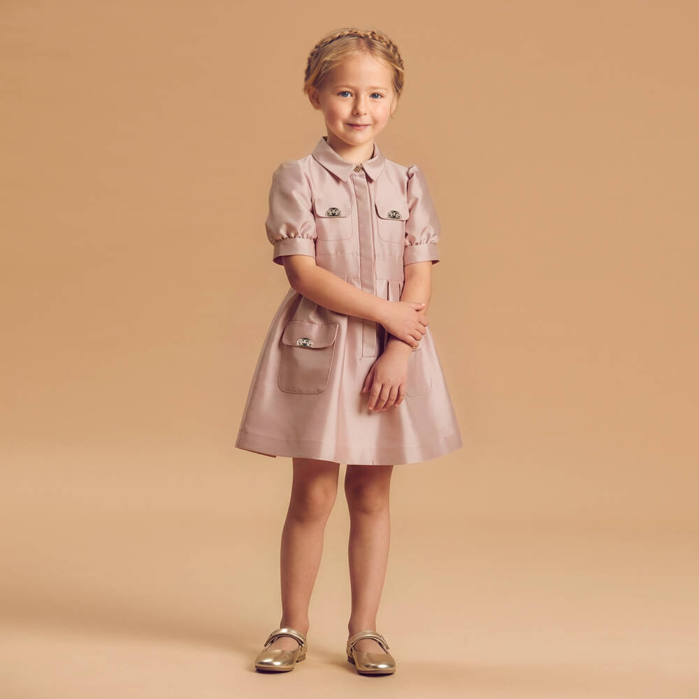 Elie Saab-Платье розовое из сатина с пышными рукавами и золотым логотипом для девочек | Childrensalon