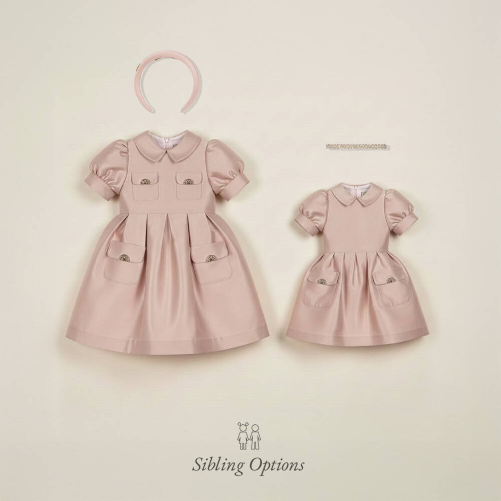 Elie Saab-Платье розовое из сатина с пышными рукавами и золотым логотипом для девочек | Childrensalon