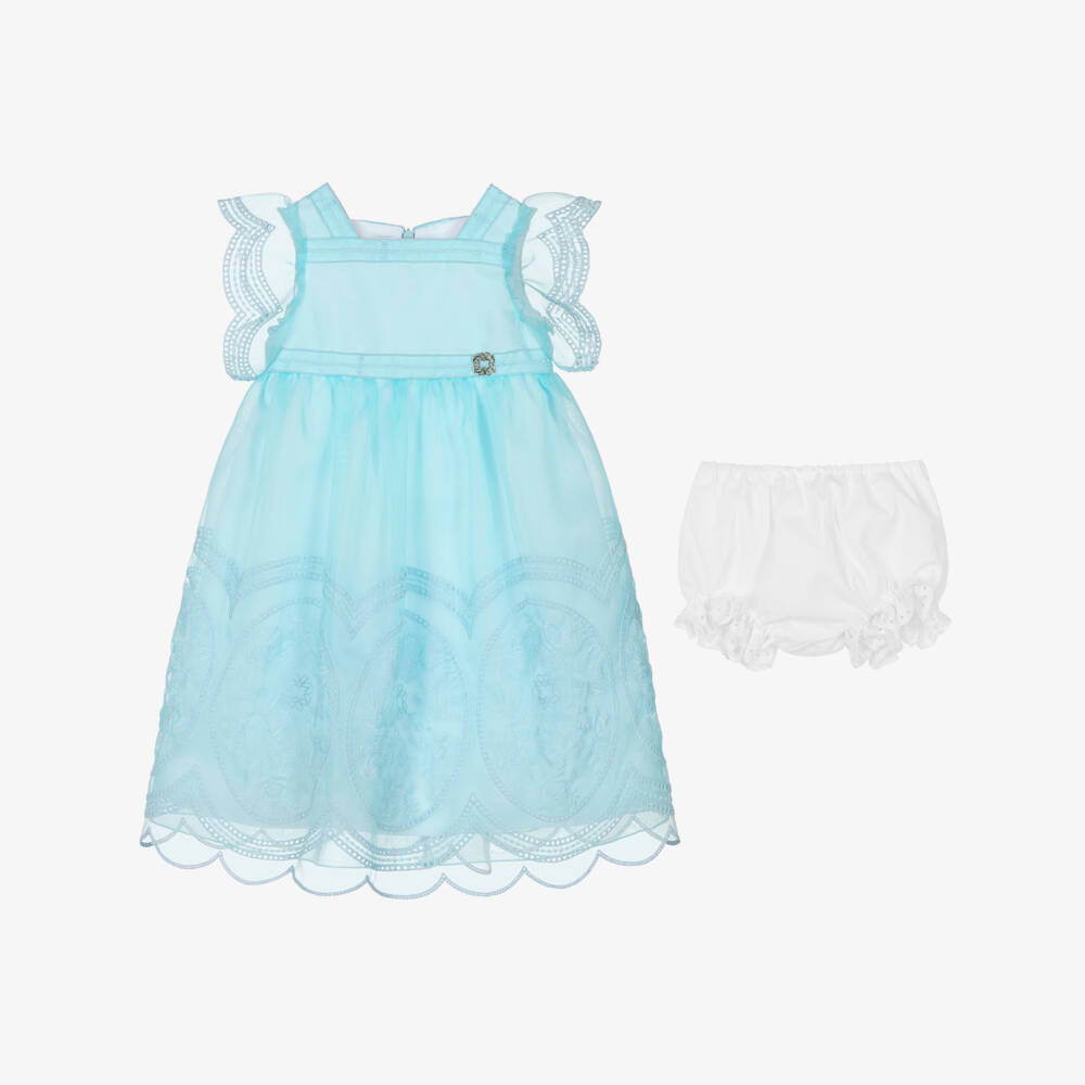Elie Saab-فستان أورغانزا مطرز لون أزرق سماوي للبنات | Childrensalon