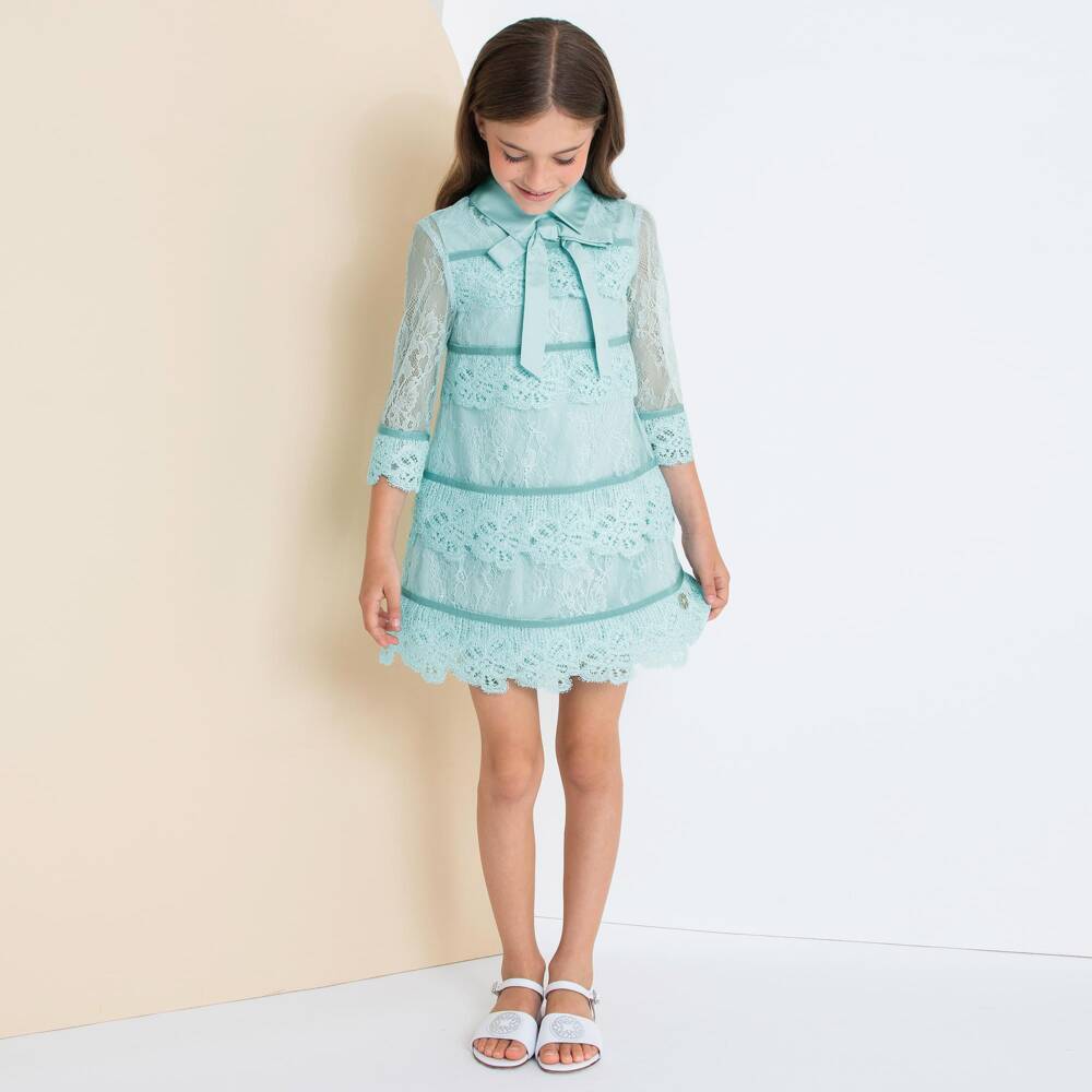 Elie Saab-Girls Turquoise Blue Guipure Lace Dress | Childrensalon