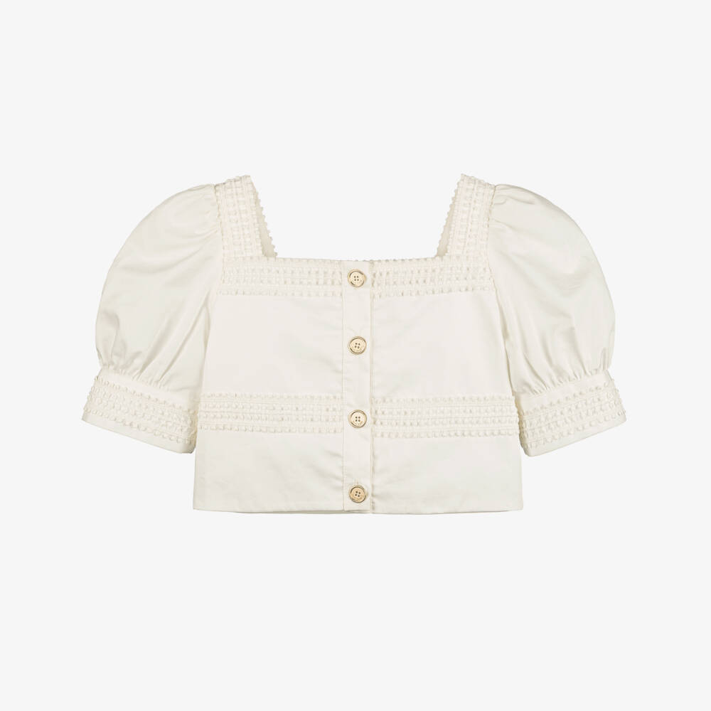 Elie Saab-Girls White Cotton Embroidered Puff Sleeve Blouse | Childrensalon