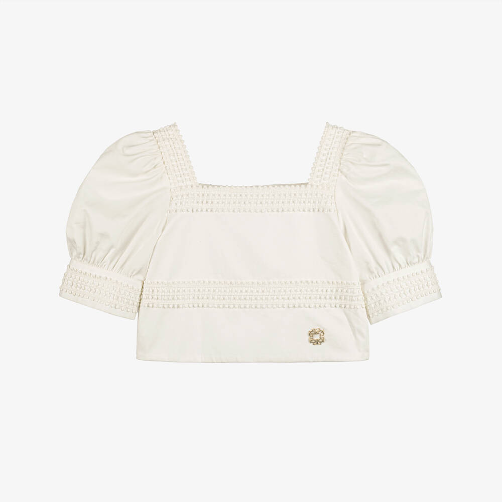 Elie Saab-Girls White Cotton Embroidered Puff Sleeve Blouse | Childrensalon