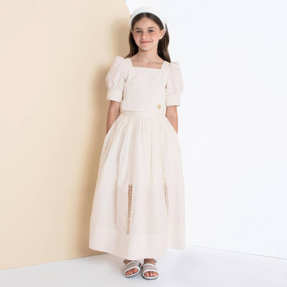 Elie Saab-تنورة ماكسي دانتيل وبوم بوم قطن لون أبيض للبنات | Childrensalon