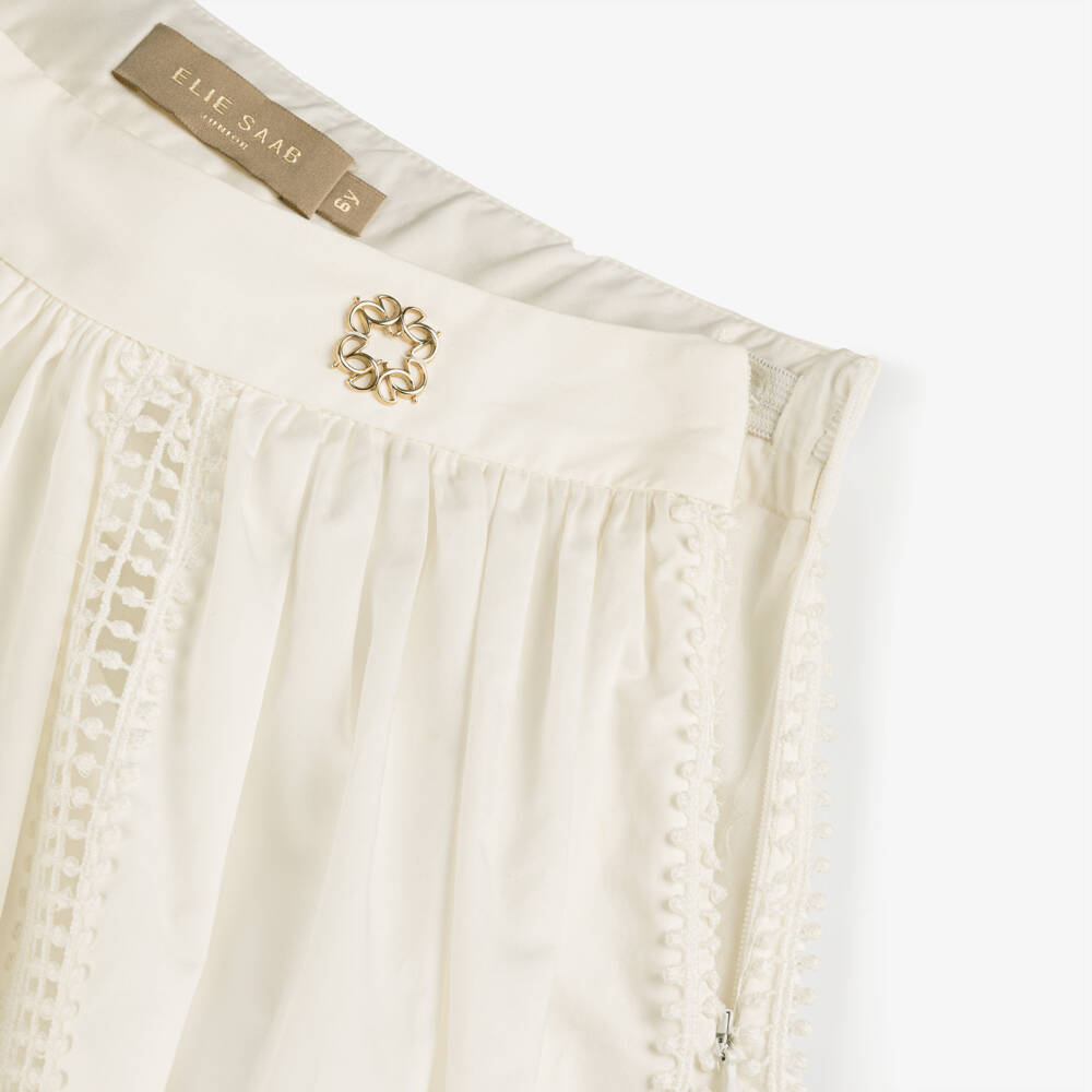 Elie Saab-Girls White Cotton Pom-Pom Lace Maxi Skirt | Childrensalon