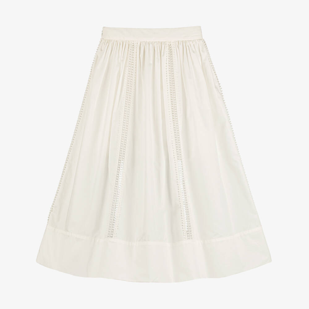 Elie Saab-Girls White Cotton Pom-Pom Lace Maxi Skirt | Childrensalon