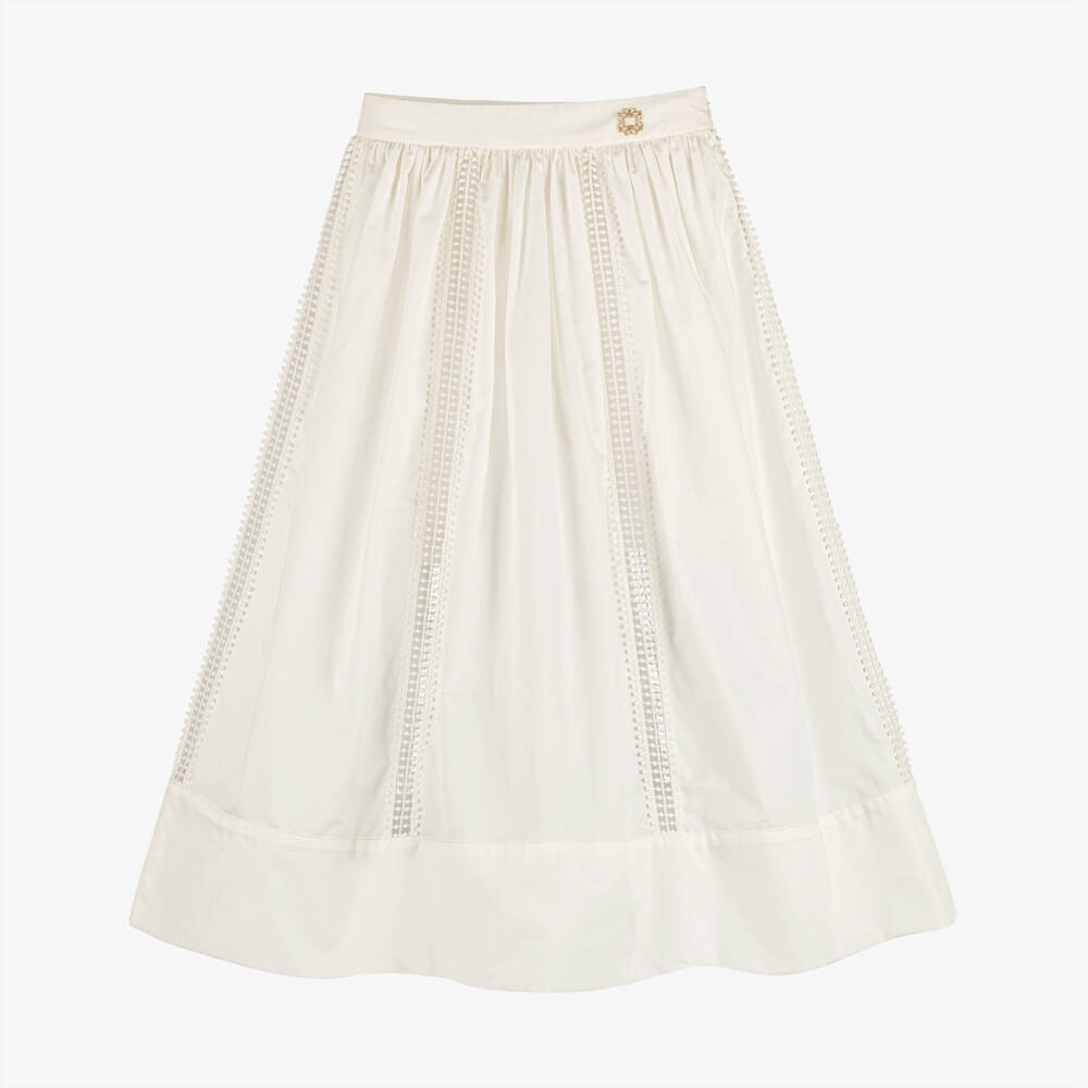 Elie Saab-Girls White Cotton Pom-Pom Lace Maxi Skirt | Childrensalon
