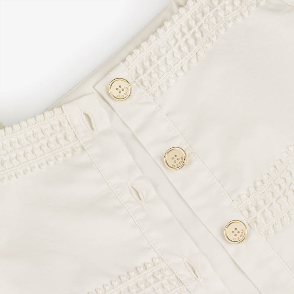 Elie Saab-Блузка белая хлопковая с помпонами и пышными рукавами для девочек | Childrensalon