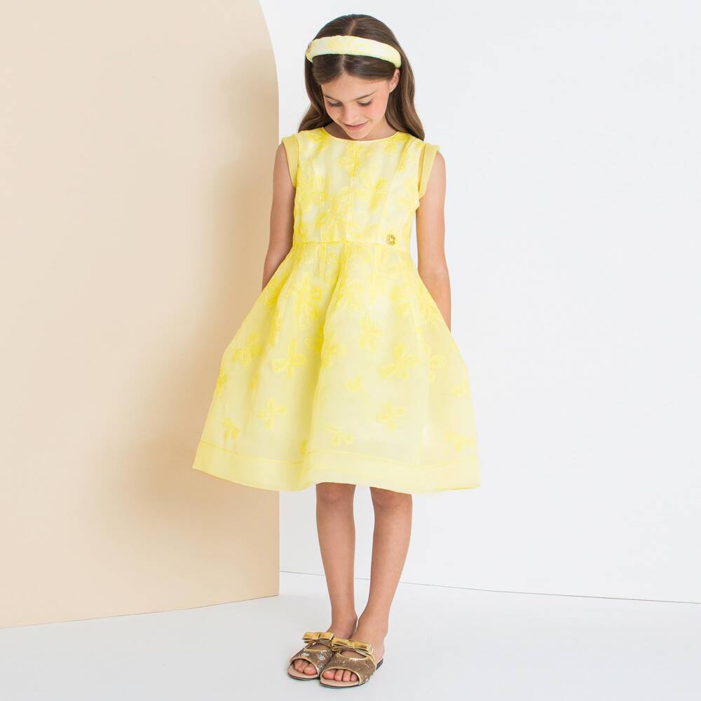 Elie Saab-فستان أورغانزا مطرز لون أصفر للبنات | Childrensalon