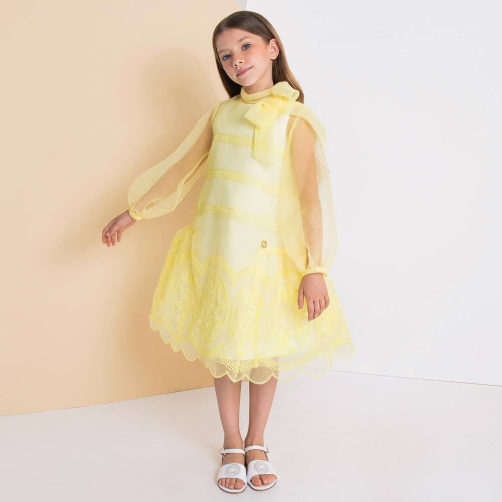 Elie Saab-Girls Yellow Embroidered Organza Dress | Childrensalon