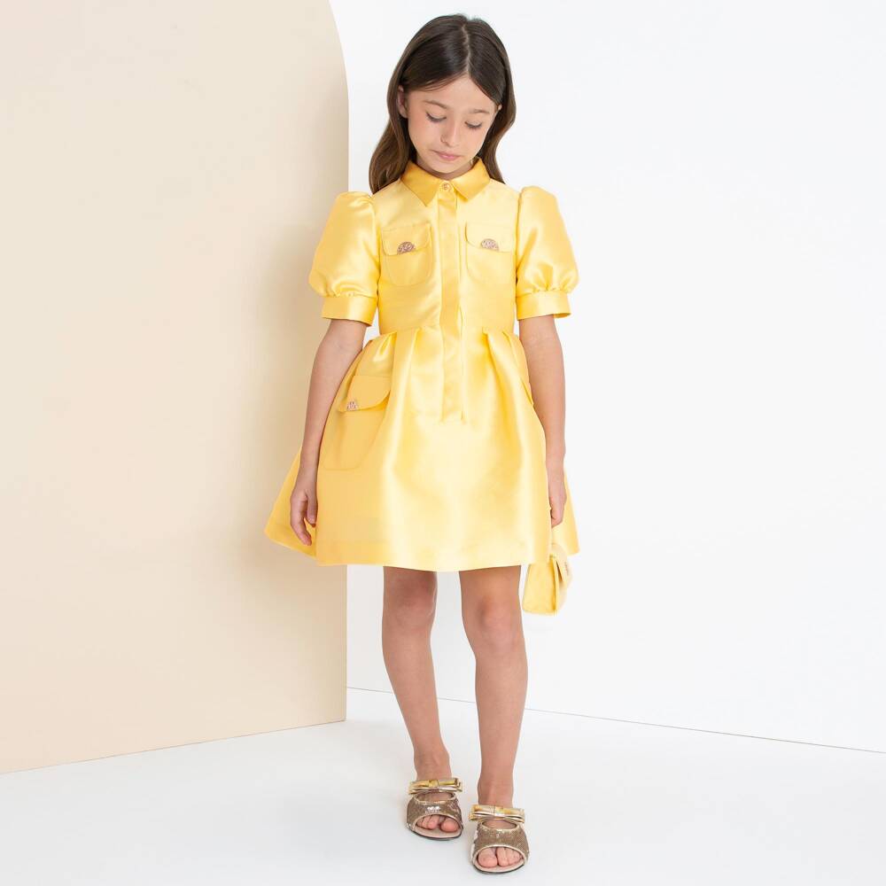 Elie Saab-Girls Yellow Satin Puff Sleeve Dress with Gold Logo Detailing | Childrensalon