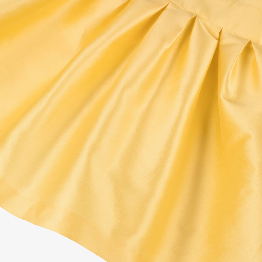 Elie Saab-Girls Yellow Satin Puff Sleeve Dress with Gold Logo Detailing | Childrensalon