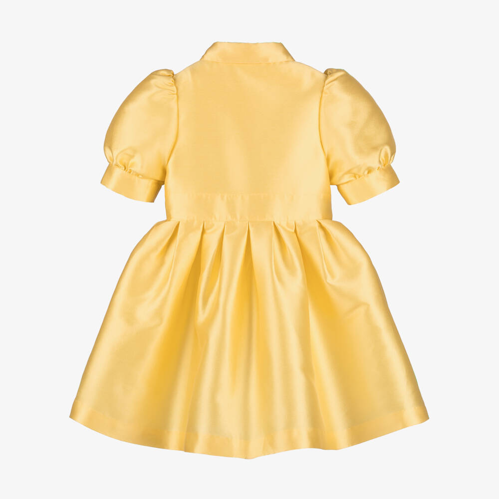 Elie Saab-Girls Yellow Satin Puff Sleeve Dress with Gold Logo Detailing | Childrensalon