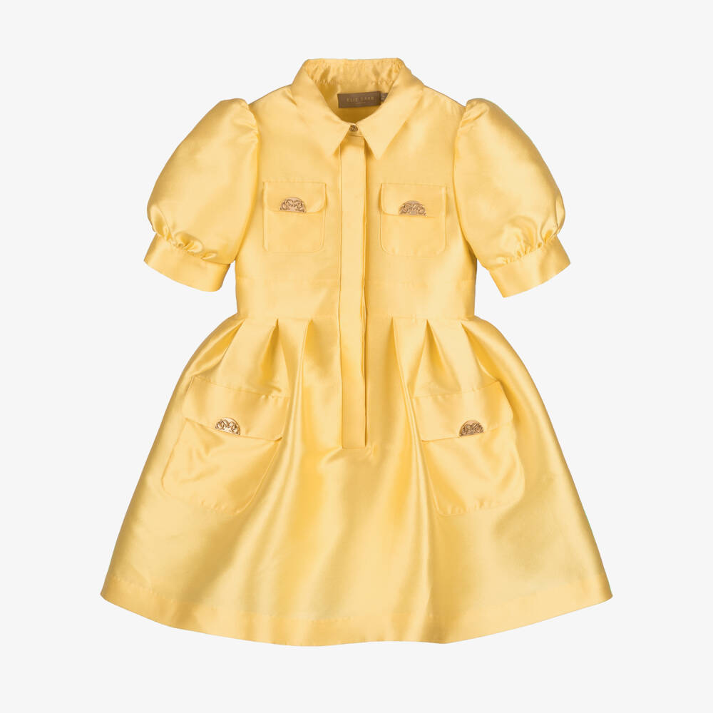 Elie Saab-Girls Yellow Satin Puff Sleeve Dress with Gold Logo Detailing | Childrensalon