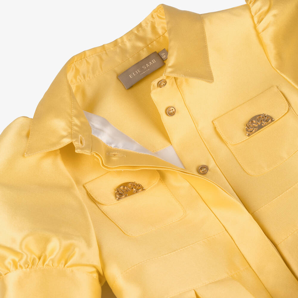 Elie Saab-Girls Yellow Satin Puff Sleeve Dress with Gold Logo Detailing | Childrensalon